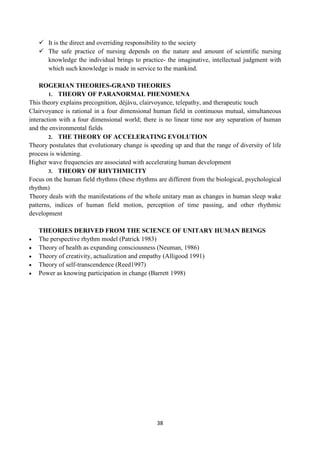 38
 It is the direct and overriding responsibility to the society
 The safe practice of nursing depends on the nature and amount of scientific nursing
knowledge the individual brings to practice- the imaginative, intellectual judgment with
which such knowledge is made in service to the mankind.
ROGERIAN THEORIES-GRAND THEORIES
1. THEORY OF PARANORMAL PHENOMENA
This theory explains precognition, déjàvu, clairvoyance, telepathy, and therapeutic touch
Clairvoyance is rational in a four dimensional human field in continuous mutual, simultaneous
interaction with a four dimensional world; there is no linear time nor any separation of human
and the environmental fields
2. THE THEORY OF ACCELERATING EVOLUTION
Theory postulates that evolutionary change is speeding up and that the range of diversity of life
process is widening.
Higher wave frequencies are associated with accelerating human development
3. THEORY OF RHYTHMICITY
Focus on the human field rhythms (these rhythms are different from the biological, psychological
rhythm)
Theory deals with the manifestations of the whole unitary man as changes in human sleep wake
patterns, indices of human field motion, perception of time passing, and other rhythmic
development
THEORIES DERIVED FROM THE SCIENCE OF UNITARY HUMAN BEINGS
 The perspective rhythm model (Patrick 1983)
 Theory of health as expanding consciousness (Neuman, 1986)
 Theory of creativity, actualization and empathy (Alligood 1991)
 Theory of self-transcendence (Reed1997)
 Power as knowing participation in change (Barrett 1998)
 