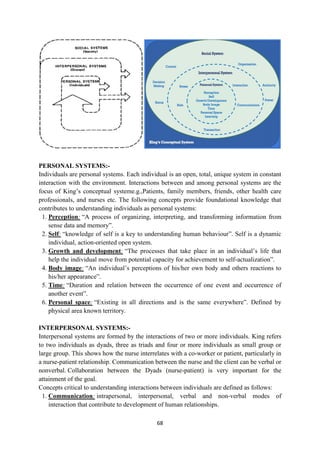 68
PERSONAL SYSTEMS:-
Individuals are personal systems. Each individual is an open, total, unique system in constant
interaction with the environment. Interactions between and among personal systems are the
focus of King‘s conceptual systeme.g.,Patients, family members, friends, other health care
professionals, and nurses etc. The following concepts provide foundational knowledge that
contributes to understanding individuals as personal systems:
1. Perception: ―A process of organizing, interpreting, and transforming information from
sense data and memory‖.
2. Self: ―knowledge of self is a key to understanding human behaviour‖. Self is a dynamic
individual, action-oriented open system.
3. Growth and development: ―The processes that take place in an individual‘s life that
help the individual move from potential capacity for achievement to self-actualization‖.
4. Body image: ―An individual‘s perceptions of his/her own body and others reactions to
his/her appearance‖.
5. Time: ―Duration and relation between the occurrence of one event and occurrence of
another event‖.
6. Personal space: ―Existing in all directions and is the same everywhere‖. Defined by
physical area known territory.
INTERPERSONAL SYSTEMS:-
Interpersonal systems are formed by the interactions of two or more individuals. King refers
to two individuals as dyads, three as triads and four or more individuals as small group or
large group. This shows how the nurse interrelates with a co-worker or patient, particularly in
a nurse-patient relationship. Communication between the nurse and the client can be verbal or
nonverbal. Collaboration between the Dyads (nurse-patient) is very important for the
attainment of the goal.
Concepts critical to understanding interactions between individuals are defined as follows:
1. Communication: intrapersonal, interpersonal, verbal and non-verbal modes of
interaction that contribute to development of human relationships.
 
