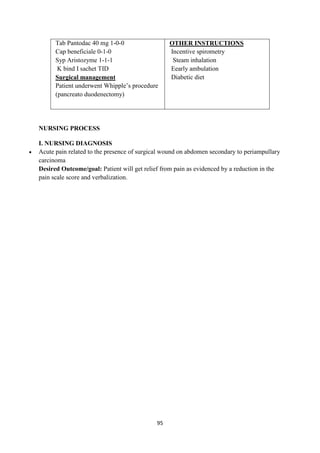 95
 Tab Pantodac 40 mg 1-0-0
 Cap beneficiale 0-1-0
 Syp Aristozyme 1-1-1
 K bind I sachet TID
Surgical management
 Patient underwent Whipple‘s procedure
(pancreato duodenectomy)
OTHER INSTRUCTIONS
 Incentive spirometry
 Steam inhalation
 Eearly ambulation
 Diabetic diet
NURSING PROCESS
I. NURSING DIAGNOSIS
 Acute pain related to the presence of surgical wound on abdomen secondary to periampullary
carcinoma
Desired Outcome/goal: Patient will get relief from pain as evidenced by a reduction in the
pain scale score and verbalization.
 