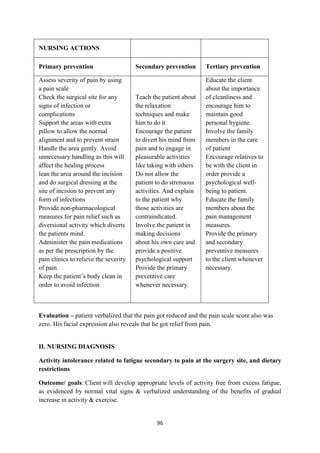 96
NURSING ACTIONS
Primary prevention Secondary prevention Tertiary prevention
 Assess severity of pain by using
a pain scale
 Check the surgical site for any
signs of infection or
complications
 Support the areas with extra
pillow to allow the normal
alignment and to prevent strain
 Handle the area gently. Avoid
unnecessary handling as this will
affect the healing process
 lean the area around the incision
and do surgical dressing at the
site of incision to prevent any
form of infections
 Provide non-pharmacological
measures for pain relief such as
diversional activity which diverts
the patients mind.
 Administer the pain medications
as per the prescription by the
pain clinics to relieve the severity
of pain.
 Keep the patient‘s body clean in
order to avoid infection

 Teach the patient about
the relaxation
techniques and make
him to do it
 Encourage the patient
to divert his mind from
pain and to engage in
pleasurable activities
like taking with others
 Do not allow the
patient to do strenuous
activities. And explain
to the patient why
those activities are
contraindicated.
 Involve the patient in
making decisions
about his own care and
provide a positive
psychological support
 Provide the primary
preventive care
whenever necessary.
 Educate the client
about the importance
of cleanliness and
encourage him to
maintain good
personal hygiene.
 Involve the family
members in the care
of patient
 Encourage relatives to
be with the client in
order provide a
psychological well-
being to patient.
 Educate the family
members about the
pain management
measures.
 Provide the primary
and secondary
preventive measures
to the client whenever
necessary.


Evaluation – patient verbalized that the pain got reduced and the pain scale score also was
zero. His facial expression also reveals that he got relief from pain.
II. NURSING DIAGNOSIS
Activity intolerance related to fatigue secondary to pain at the surgery site, and dietary
restrictions
Outcome/ goals: Client will develop appropriate levels of activity free from excess fatigue,
as evidenced by normal vital signs & verbalized understanding of the benefits of gradual
increase in activity & exercise.
 