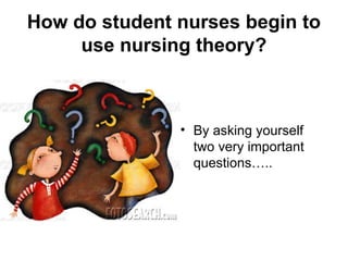 How do student nurses begin to
use nursing theory?
• By asking yourself
two very important
questions…..
 