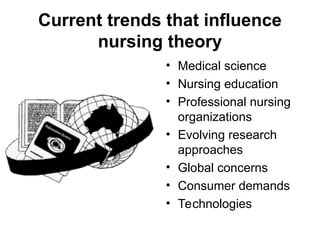 Current trends that influence
nursing theory
• Medical science
• Nursing education
• Professional nursing
organizations
• Evolving research
approaches
• Global concerns
• Consumer demands
• Technologies
 