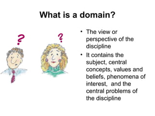 What is a domain?
• The view or
perspective of the
discipline
• It contains the
subject, central
concepts, values and
beliefs, phenomena of
interest, and the
central problems of
the discipline
 