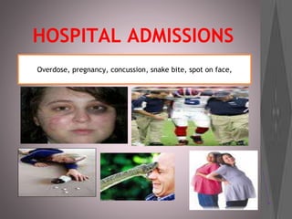 HOSPITAL ADMISSIONS
Overdose, pregnancy, concussion, snake bite, spot on face,
 