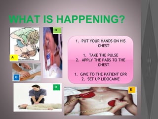 WHAT IS HAPPENING?
1. PUT YOUR HANDS ON HIS
CHEST
1. TAKE THE PULSE
2. APPLY THE PADS TO THE
CHEST
1. GIVE TO THE PATIENT CPR
2. SET UP LIDOCAINE
A
B
C
D
E
 