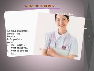 HELLO, MY
NAME´S___________
WHAT´S YOUR NAME?
MY NAME´S_______
WHAT DO YOU DO?A.I move equipment
around the
hospital.
B. So you´re a
porter.
A. That´s right .
What about you?
B. What do you do?
Etc…
WHAT DO YOU DO?
 