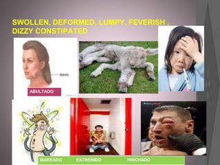 SWOLLEN, DEFORMED, LUMPY, FEVERISH ,
DIZZY CONSTIPATED
ABULTADO
MAREADO EXTREÑIDO HINCHADO
 