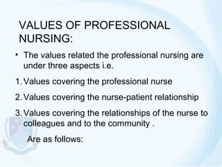 VALUES OF PROFESSIONAL
NURSING:
• The values related the professional nursing are
under three aspects i.e.
1. Values covering the professional nurse
2. Values covering the nurse-patient relationship
3. Values covering the relationships of the nurse to
colleagues and to the community .
Are as follows:

 