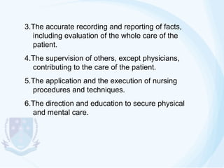 3.The accurate recording and reporting of facts,
including evaluation of the whole care of the
patient.
4.The supervision of others, except physicians,
contributing to the care of the patient.
5.The application and the execution of nursing
procedures and techniques.
6.The direction and education to secure physical
and mental care.

 