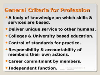 08/09/14
Nursing as an art, Science &
Profession 13
General Criteria for ProfessionGeneral Criteria for Profession
A body of knowledge on which skills &
services are based.
Deliver unique service to other humans.
Colleges & University based education.
Control of standards for practice.
Responsibility & accountability of
members their own actions.
Career commitment by members.
Independent function.
 