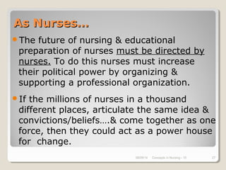 08/09/14 Concepts in Nursing - 10 27
As Nurses…As Nurses…
The future of nursing & educational
preparation of nurses must be directed by
nurses. To do this nurses must increase
their political power by organizing &
supporting a professional organization.
If the millions of nurses in a thousand
different places, articulate the same idea &
convictions/beliefs….& come together as one
force, then they could act as a power house
for change.
 