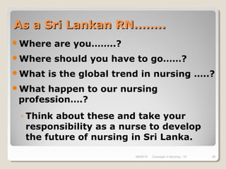 08/09/14 Concepts in Nursing - 10 28
As a Sri Lankan RN……..As a Sri Lankan RN……..
Where are you……..?
Where should you have to go……?
What is the global trend in nursing …..?
What happen to our nursing
profession….?
◦ Think about these and take your
responsibility as a nurse to develop
the future of nursing in Sri Lanka.
 