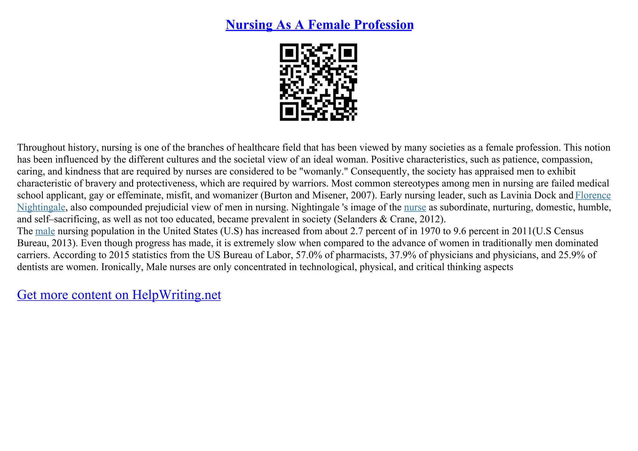 Nursing As A Female Profession | PDF