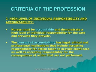 CRITERIA OF THE PROFESSION
2. HIGH LEVEL OF INDIVIDUAL RESPONSIBILITY AND
ACCOUNTABILITY:
• Nurses must be accountable and demonstrate a
high level of individual responsibility for the care
and services they provide.
• The concept of accountability has legal, ethical and
professional implications that include accepting
responsibility for action taken to provide client care
as well as accepting responsibility for the
consequences of action that are not performed.
www.drjayeshpatidar.blogspot.in
 