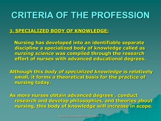 CRITERIA OF THE PROFESSION
3. SPECIALIZED BODY OF KNOWLEDGE:
Nursing has developed into an identifiable separate
discipline a specialized body of knowledge called as
nursing science was compiled through the research
effort of nurses with advanced educational degrees.
Although this body of specialized knowledge is relatively
small, it forms a theoretical basis for the practice of
nursing today.
As more nurses obtain advanced degrees , conduct
research and develop philosophies, and theories about
nursing, this body of knowledge will increase in scope.
www.drjayeshpatidar.blogspot.in
 