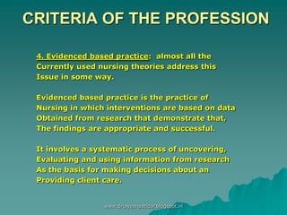 CRITERIA OF THE PROFESSION
4. Evidenced based practice: almost all the
Currently used nursing theories address this
Issue in some way.
Evidenced based practice is the practice of
Nursing in which interventions are based on data
Obtained from research that demonstrate that,
The findings are appropriate and successful.
It involves a systematic process of uncovering,
Evaluating and using information from research
As the basis for making decisions about an
Providing client care.
www.drjayeshpatidar.blogspot.in
 
