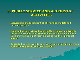 5. PUBLIC SERVICE AND ALTRUISTIC
ACTIVITIES
◊ individual is the focal point of all nursing models and
nursing practice
◊ Nursing has been viewed universally as being an altruistic
profession composed of selfless individuals who place the
lives and well being of their clients above their personal
safety.
◊ Dedicated nurses provide care for victims of deadly diseases
with little regard for their own welfare.
www.drjayeshpatidar.blogspot.in
 