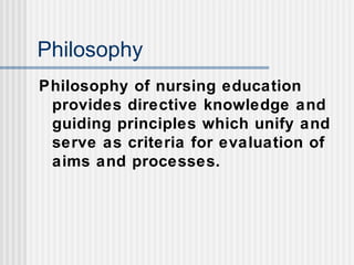 Philosophy
Philosophy of nursing education
provides directive knowledge and
guiding principles which unify and
serve as criteria for evaluation of
aims and processes.
 