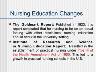 Nursing Education Changes
 The Goldmark Report: Published in 1923, this
report concluded that for nursing to be on an equal
footing with other disciplines, nursing education
should occur in the university setting.
 Institute of Research and Science
in Nursing Education Report: Resulted in the
establishment of practical nursing under Title III of
the Health Amendment Act of 1955. This led to a
growth in practical nursing schools in the U.S.
 