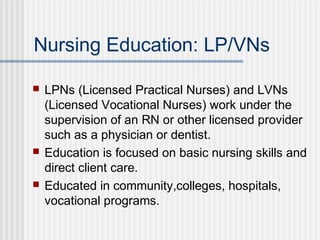 Nursing Education: LP/VNs
 LPNs (Licensed Practical Nurses) and LVNs
(Licensed Vocational Nurses) work under the
supervision of an RN or other licensed provider
such as a physician or dentist.
 Education is focused on basic nursing skills and
direct client care.
 Educated in community,colleges, hospitals,
vocational programs.
 