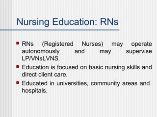 Nursing Education: RNs
 RNs (Registered Nurses) may operate
autonomously and may supervise
LP/VNsLVNS.
 Education is focused on basic nursing skills and
direct client care.
 Educated in universities, community areas and
hospitals.
 