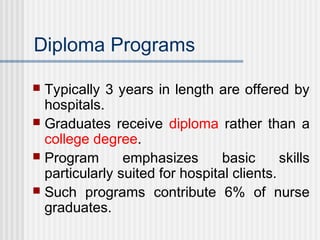 Diploma Programs
 Typically 3 years in length are offered by
hospitals.
 Graduates receive diploma rather than a
college degree.
 Program emphasizes basic skills
particularly suited for hospital clients.
 Such programs contribute 6% of nurse
graduates.
 