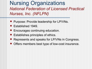 Nursing Organizations
National Federation of Licensed Practical
Nurses, Inc. (NFLPN)
 Purpose: Provide leadership for LP/VNs.
 Established 1949.
 Encourages continuing education.
 Establishes principles of ethics.
 Represents and speaks for LP/VNs in Congress.
 Offers members best type of low-cost insurance.
 