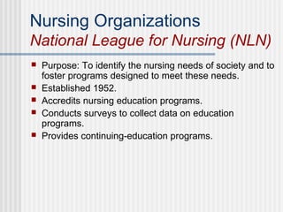 Nursing Organizations
National League for Nursing (NLN)
 Purpose: To identify the nursing needs of society and to
foster programs designed to meet these needs.
 Established 1952.
 Accredits nursing education programs.
 Conducts surveys to collect data on education
programs.
 Provides continuing-education programs.
 