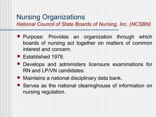 Nursing Organizations
National Council of State Boards of Nursing, Inc. (NCSBN)
 Purpose: Provides an organization through which
boards of nursing act together on matters of common
interest and concern.
 Established 1978.
 Develops and administers licensure examinations for
RN and LP/VN candidates.
 Maintains a national disciplinary data bank.
 Serves as the national clearinghouse of information on
nursing regulation.
 