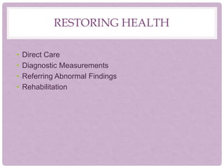 RESTORING HEALTH
• Direct Care
• Diagnostic Measurements
• Referring Abnormal Findings
• Rehabilitation
 