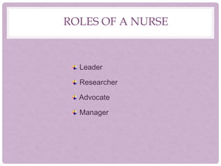 ROLES OF A NURSE
Leader
Researcher
Advocate
Manager
 