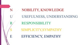 N NOBILITY, KNOWLEDGE
U USEFULNESS, UNDERSTANDING
R RESPONSIBILITY
S SIMPLICITY,SYMPATHY
E EFFICIENCY, EMPATHY
 