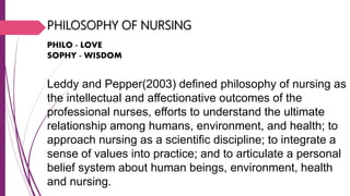 PHILOSOPHY OF NURSING
PHILO - LOVE
SOPHY - WISDOM
Leddy and Pepper(2003) defined philosophy of nursing as
the intellectual and affectionative outcomes of the
professional nurses, efforts to understand the ultimate
relationship among humans, environment, and health; to
approach nursing as a scientific discipline; to integrate a
sense of values into practice; and to articulate a personal
belief system about human beings, environment, health
and nursing.
 