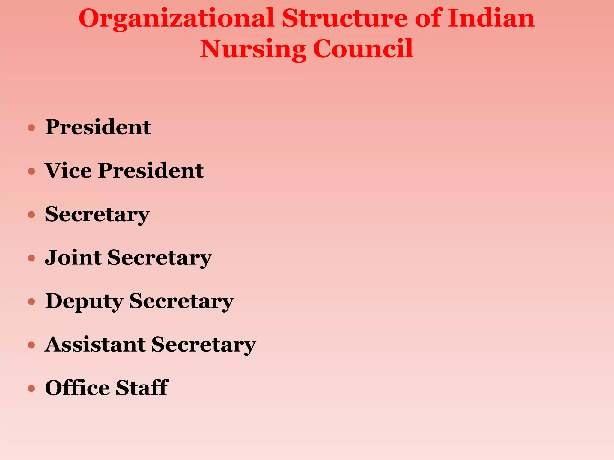 Organizational Structure of Indian
Nursing Council
 President
 Vice President
 Secretary
 Joint Secretary
 Deputy Secretary
 Assistant Secretary
 Office Staff
 