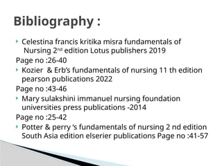  Celestina francis kritika misra fundamentals of
Nursing 2nd
edition Lotus publishers 2019
Page no :26-40
 Kozier & Erb’s fundamentals of nursing 11 th edition
pearson publications 2022
Page no :43-46
 Mary sulakshini immanuel nursing foundation
universities press publications -2014
Page no :25-42
 Potter & perry ‘s fundamentals of nursing 2 nd edition
South Asia edition elserier publications Page no :41-57
Bibliography :
 