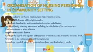 ORGANISATION OF NURSING PERSONNEL
IN COMMUNITY SETTING
•Female Health Workers
• Registers and cares for the pre-natal and post natal mothers at home.
• Registers and follows up all the eligible couples.
• Provides nutritional advice and immunization to mother and children.
• Carries out family planning services and including the distribution of the contraceptives.
• Provides treatment to minor ailments.
• Notifies communicable diseases
• Maintains the records and registers all the services provided and vital events like birth and death.
• Participates in the various disease control programmes.
• Conducts surveys of all sub-center areas and maintains records about every family.
Jhansi
 
