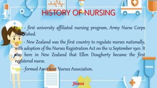 HISTORY OF NURSING
• 1901 - first university affiliated nursing program, Army Nurse Corps
established.
• 1901 - New Zealand was the first country to regulate nurses nationally,
with adoption of the Nurses Registration Act on the 12 September 1901. It
was here in New Zealand that Ellen Dougherty became the first
registered nurse.
• 1911 - formed American Nurses Association.
Jhansi
 