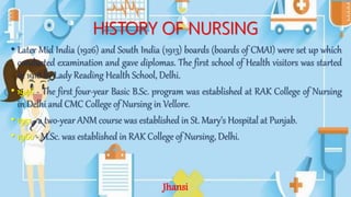 HISTORY OF NURSING
• Later Mid India (1926) and South India (1913) boards (boards of CMAI) were set up which
conducted examination and gave diplomas. The first school of Health visitors was started
in 1918 by Lady Reading Health School, Delhi.
• 1946 - The first four-year Basic B.Sc. program was established at RAK College of Nursing
in Delhi and CMC College of Nursing in Vellore.
• 1951 - a two-year ANM course was established in St. Mary’s Hospital at Punjab.
• 1960 - M.Sc. was established in RAK College of Nursing, Delhi.
Jhansi
 