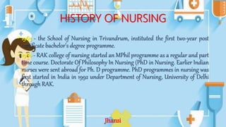 HISTORY OF NURSING
• 1963 - the School of Nursing in Trivandrum, instituted the first two-year post
certificate bachelor's degree programme.
• 1980 - RAK college of nursing started an MPhil programme as a regular and part
time course. Doctorate Of Philosophy In Nursing (PhD in Nursing. Earlier Indian
nurses were sent abroad for Ph. D programme. PhD programmes in nursing was
first started in India in 1992 under Department of Nursing, University of Delhi
through RAK.
Jhansi
 