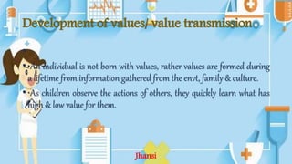 Development of values/ value transmission
•
• •An individual is not born with values, rather values are formed during
a lifetime from information gathered from the envt, family & culture.
• •As children observe the actions of others, they quickly learn what has
high & low value for them.
Jhansi
 