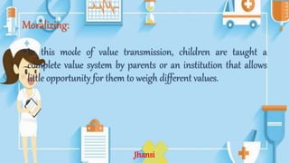 Moralizing:
•In this mode of value transmission, children are taught a
complete value system by parents or an institution that allows
little opportunity for them to weigh different values.
Jhansi
 