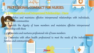 PROFESSIONAL CONDUCT FOR NURSES:
• 3. Communication and Interpersonal Relationships - Nurse
3.1 Establishes and maintains effective interpersonal relationships with individuals,
families and communities
3.2 Upholds the dignity of team members and maintains effective interpersonal
relationship with them
3.3 Appreciates and nurtures professional role of team members
3.4 Cooperates with other health professional to meet the needs of the individuals,
families and communities
Jhansi
 