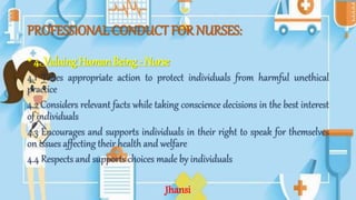 PROFESSIONAL CONDUCT FOR NURSES:
•4. Valuing Human Being - Nurse
4.1 Takes appropriate action to protect individuals from harmful unethical
practice
4.2 Considers relevant facts while taking conscience decisions in the best interest
of individuals
4.3 Encourages and supports individuals in their right to speak for themselves
on issues affecting their health and welfare
4.4 Respects and supports choices made by individuals
Jhansi
 