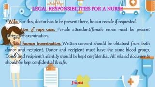 LEGAL RESPONSIBILITIES FOR A NURSE
•Wills: For this, doctor has to be present there, he can recode if requested.
Examination of rape case: Female attendant/female nurse must be present
during the examination.
Artificial human insemination: Written consent should be obtained from both
donor and recipient. Donor and recipient must have the same blood group.
Donor and recipient's identity should be kept confidential. All related documents
should be kept confidential & safe.
Jhansi
 