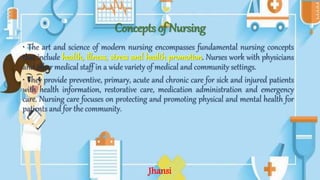 Concepts of Nursing
• The art and science of modern nursing encompasses fundamental nursing concepts
that include health, illness, stress and health promotion. Nurses work with physicians
and other medical staff in a wide variety of medical and community settings.
• They provide preventive, primary, acute and chronic care for sick and injured patients
with health information, restorative care, medication administration and emergency
care. Nursing care focuses on protecting and promoting physical and mental health for
patients and for the community.
Jhansi
 