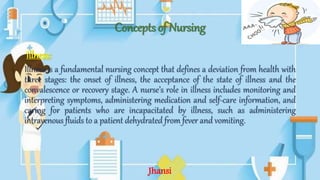 Concepts of Nursing
Illness:
Illness is a fundamental nursing concept that defines a deviation from health with
three stages: the onset of illness, the acceptance of the state of illness and the
convalescence or recovery stage. A nurse’s role in illness includes monitoring and
interpreting symptoms, administering medication and self-care information, and
caring for patients who are incapacitated by illness, such as administering
intravenous fluids to a patient dehydrated from fever and vomiting.
Jhansi
 
