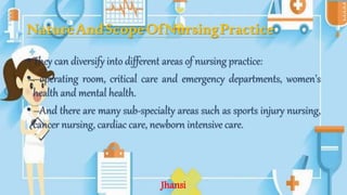 NatureAndScopeOfNursingPractice
• They can diversify into different areas of nursing practice:
• –operating room, critical care and emergency departments, women's
health and mental health.
• –And there are many sub-specialty areas such as sports injury nursing,
cancer nursing, cardiac care, newborn intensive care.
Jhansi
 