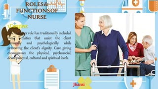 Jhansi
1.Caregiver:
The caregiver role has traditionally included
those activities that assist the client
physically and psychologically while
preserving the client’s dignity. Care giving
encompasses the physical, psychosocial,
developmental, cultural and spiritual levels.
ROLES&
FUNCTIONSOF
NURSE
 