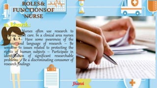 ROLES&
FUNCTIONSOF
NURSE
10. Research :
consumer Nurses often use research to
improve client care. In a clinical area nurses
need to: – Have some awareness of the
process and language of research – Be
sensitive to issues related to protecting the
rights of human subjects – Participate in
identification of significant researchable
problems – Be a discriminating consumer of
research findings
Jhansi
 