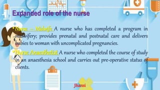 Expanded role of the nurse
•Nurse – Midwife A nurse who has completed a program in
midwifery; provides prenatal and postnatal care and delivers
babies to woman with uncomplicated pregnancies.
•Nurse Anaesthetist A nurse who completed the course of study
in an anaesthesia school and carries out pre-operative status of
clients.
Jhansi
 